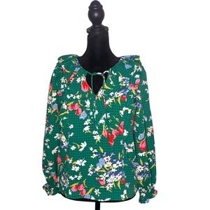 LOFT‎ Bouquet Ruffle Tie Neck Blouse Womens XXSP Green Floral Feminine Prairie